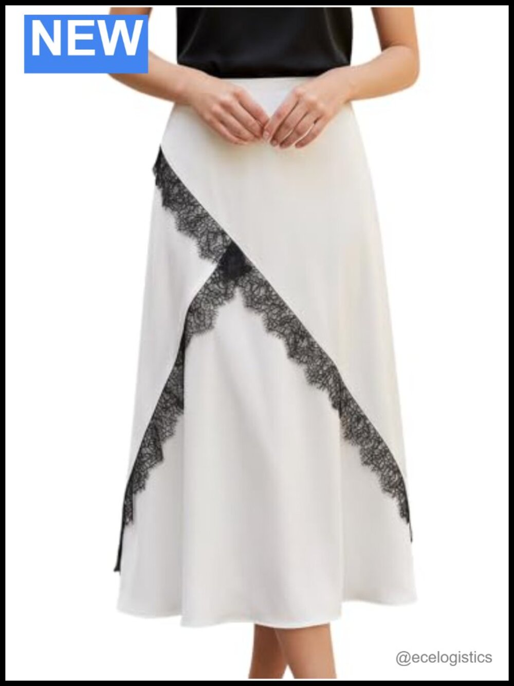 Satin Lace Long Skirt Mid Rise Flowy Cocktail Party Patchwork